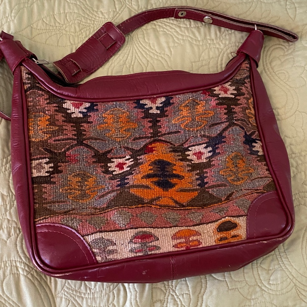 Vintage leather and hand woven wool Killim Burgundy Shoulder Bag